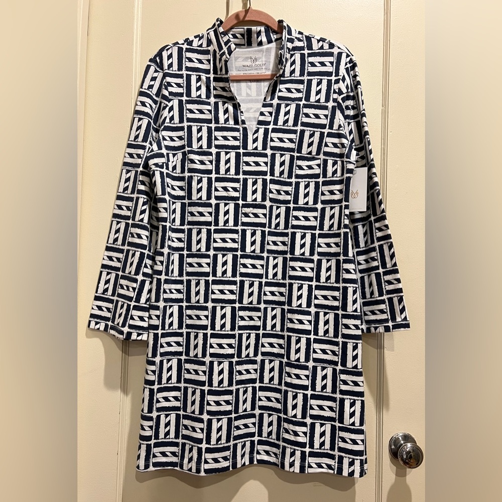 Mahi Gold Tunic Dress Long Sleeve Cape Cod in Navy
